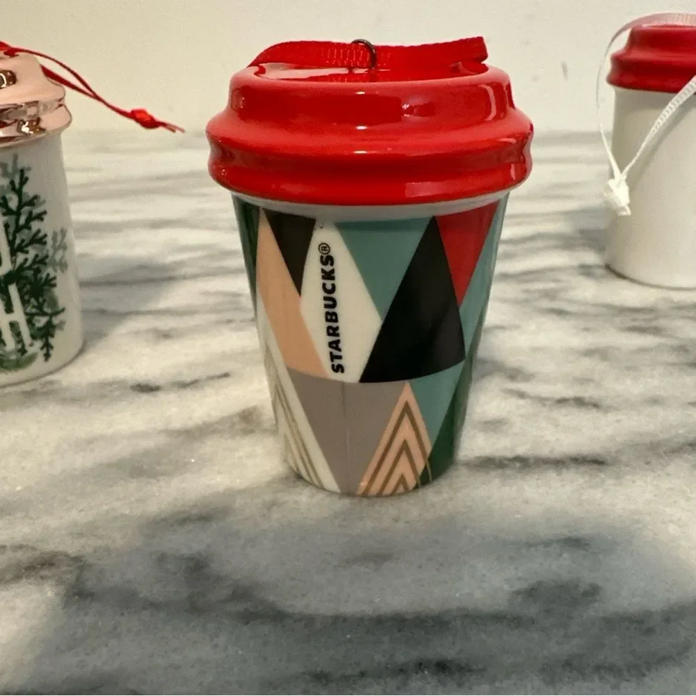 Starbucks Holiday Themed Mini Coffee Cup Ornaments Set of 4 Fox,Geometric, 2017